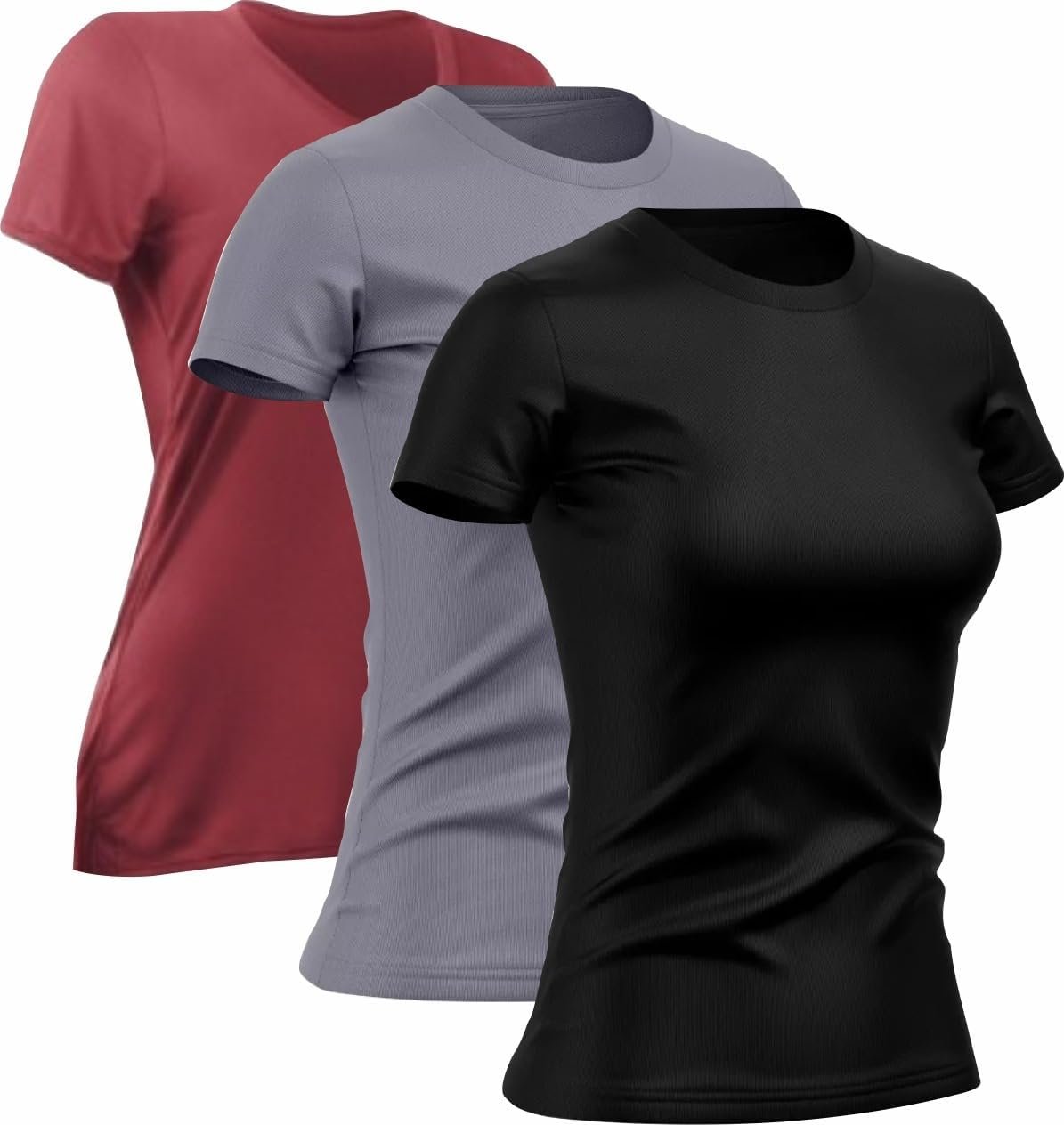 Kit 3 Camisetas Dry Fit Feminina Academia Treino Corrida Proteção UV Poliéster (BR, Alfa, P, Regular, Bordo/Cinza/Preto)