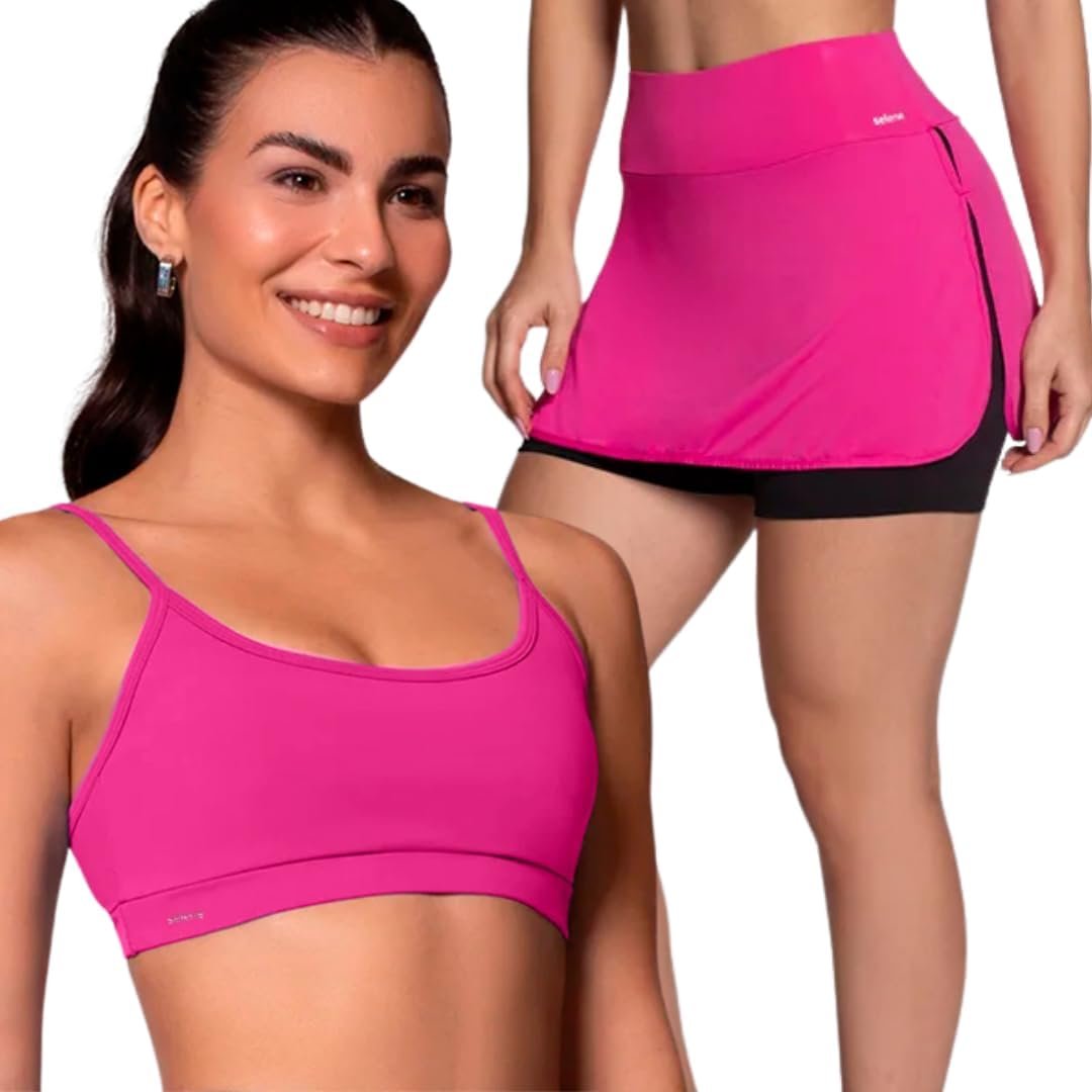 Conjunto Fitness Sem Costura Selene Top Com Bojo e Short Saia Academia Feminino Adulto