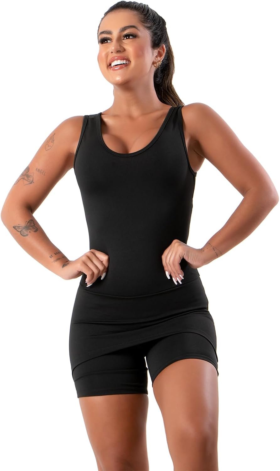 Macaquinho Saia Tapa Bumbum Fitness Academia Suplex Feminino