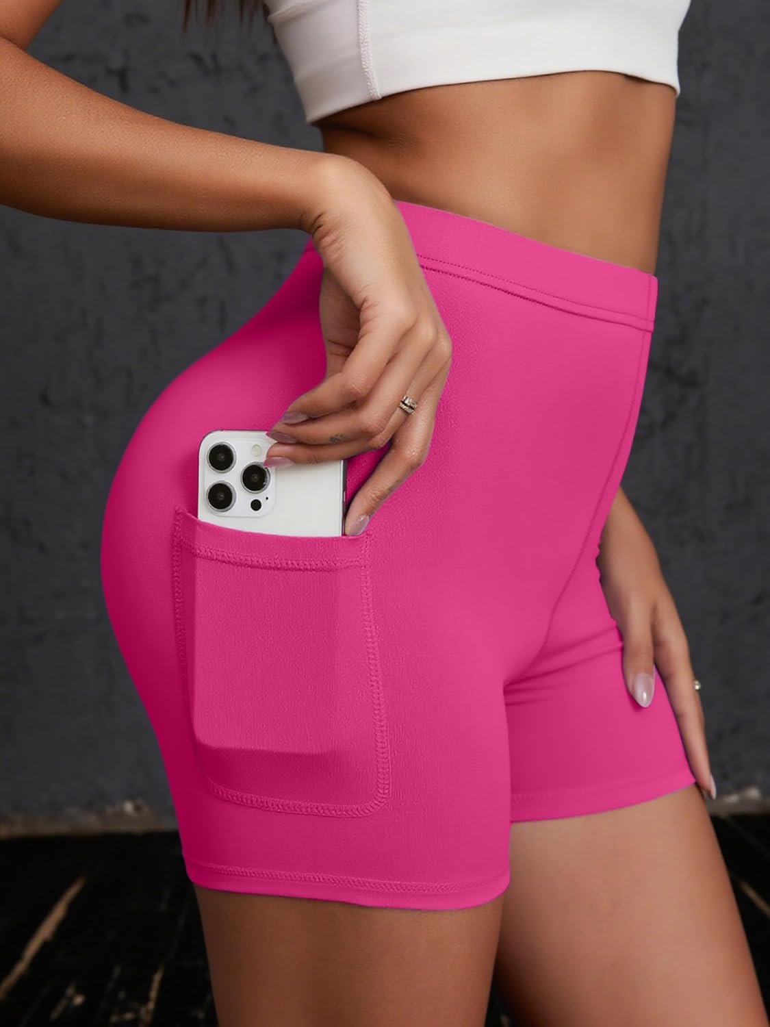 Short feminino de motociclista com bolsos cintura alta para treino elastano barriga academia corrida yoga shorts