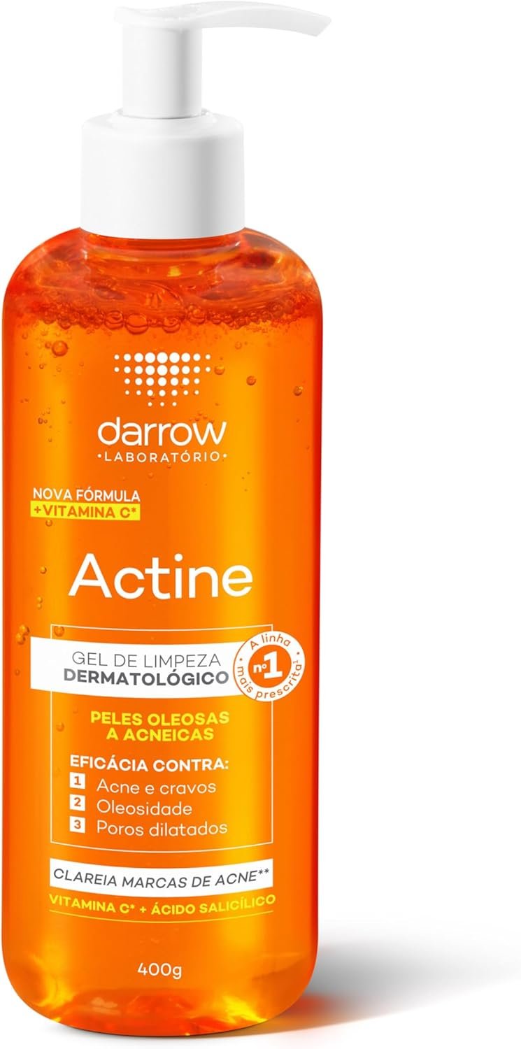 Darrow Actine Gel de Limpeza Dermatológico Facial com Ácido Salicílico, Vitamina C e Lactato de Mentila, Redução de 86% da Acne e -90% Oleosidade Imediatamente, 400g