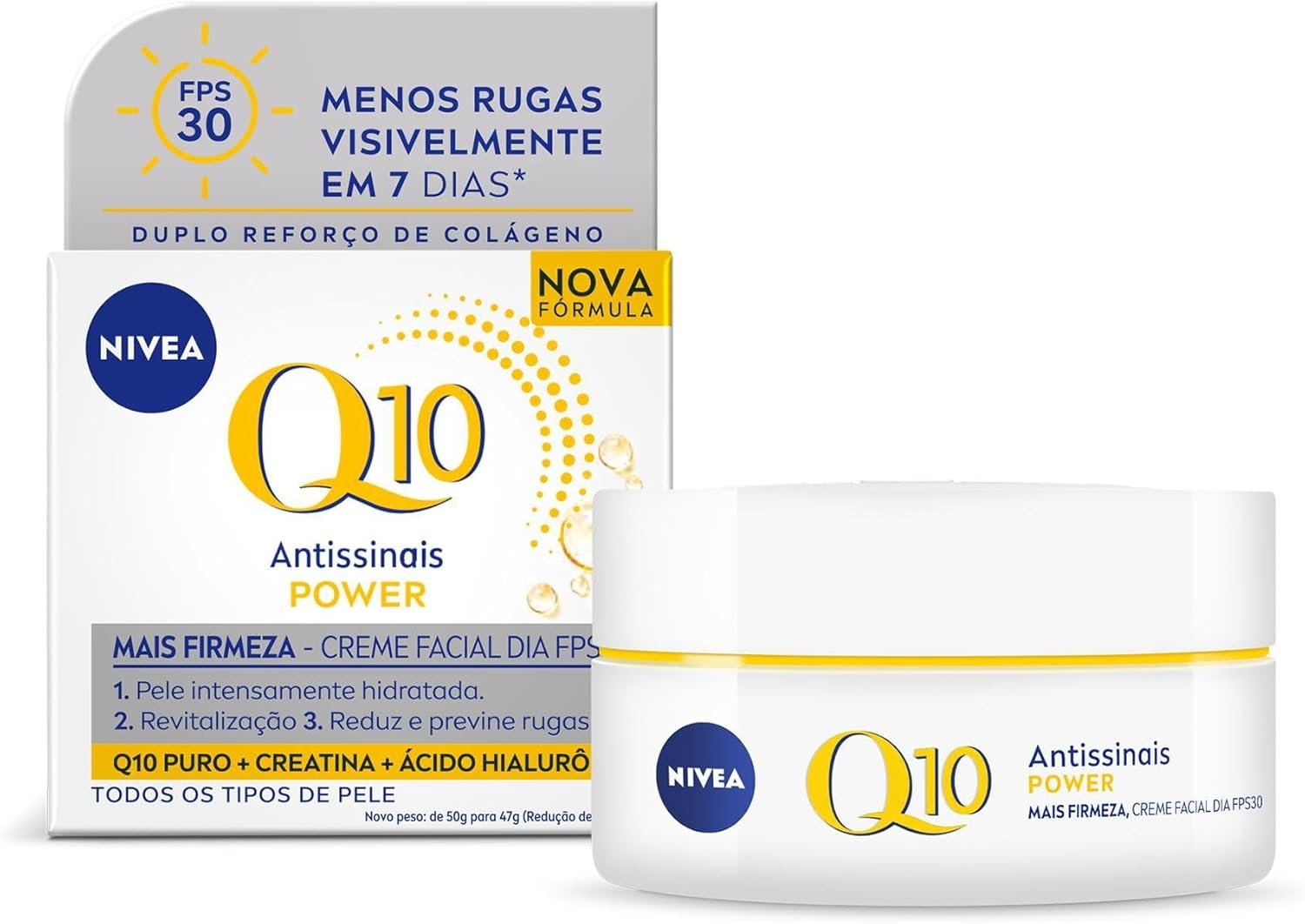 NIVEA Creme Facial Antissinais Q10 Power Dia FPS 30 50g - Reduz rugas e linhas de expressão, hidrata intensamente e é adequado para peles sensíveis, uso diurno