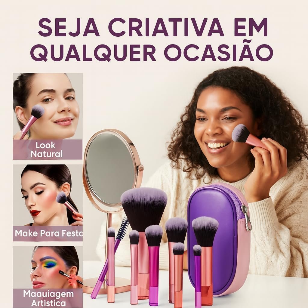 Kit 10 Mini Pincéis de Maquiagem com Estojo Portátil Cerdas Sintéticas Macias Travel Size para Base, Pó, Blush, Olhos e Corretivo Kit de Maquiagem Completo para Viagem, Necessaire, Uso Diário e Presente