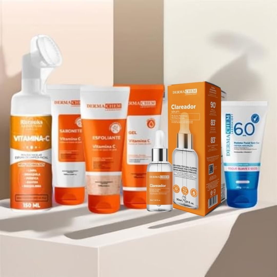 Kit Skincare Vitamina C Sabonete+Esfoliante+Gel Hidratante+Serum Clareador+Protetor Solar Sem Cor FPS60 Dermachem+Mousse Micelar Vit. C Rhenuks