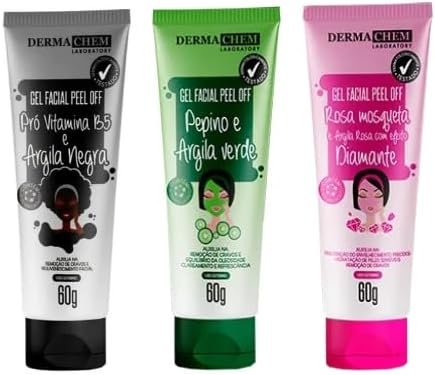 Kit Gel Facial Peel Off Dermachem – Pepino Verde + Rosa Mosqueta + Pro Vitamina B5 e Argila Negra – Limpeza, Hidratação e Revitalização