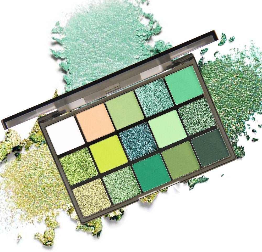 Palete de maquiagem de sombra verde fumê 15 cores floresta brilhante esmeralda verde escuro brilho fosco palete de maquiagem, longa duração à prova d'água