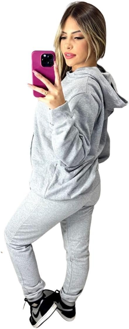 Conjunto Feminino Calça De Moletom + Blusa Canguru Com Capuz De Frio Moda E Estilo Fitness Dia A Dia